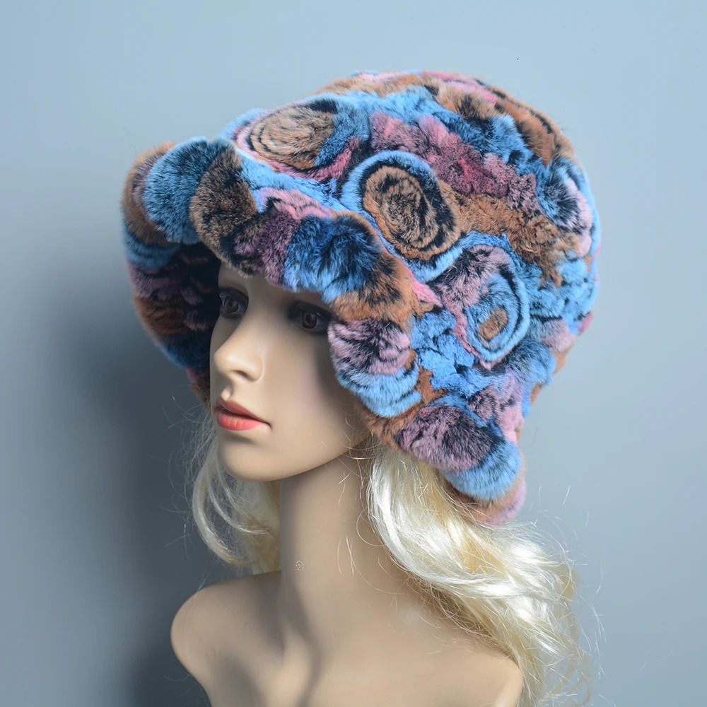 Female Natural Knitted Real Rex Rabbit Fur Cap Winter Warm Genuine Fur Beanies Hats Russian Women Floral Striped Real Fur Caps 241009