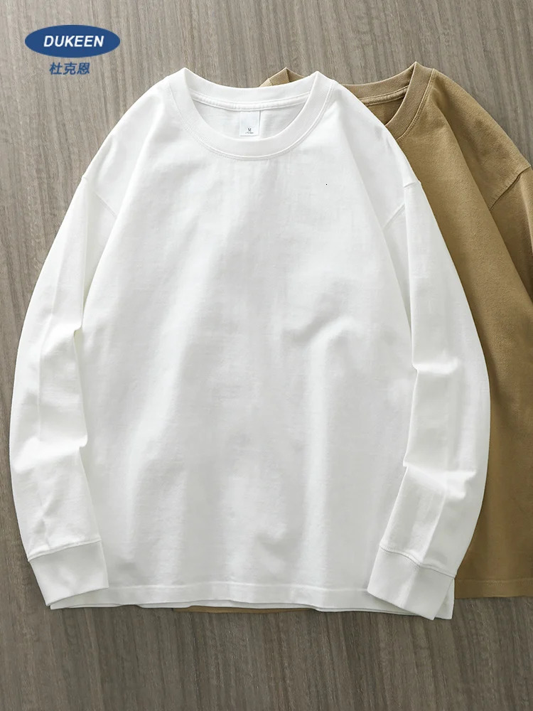 DUKEEN 320Gsm Heavy duty Mens Long sleeved T-shirt 100% Cotton Spring/Summer Loose Top Pure White Underwear T-shirt 241015
