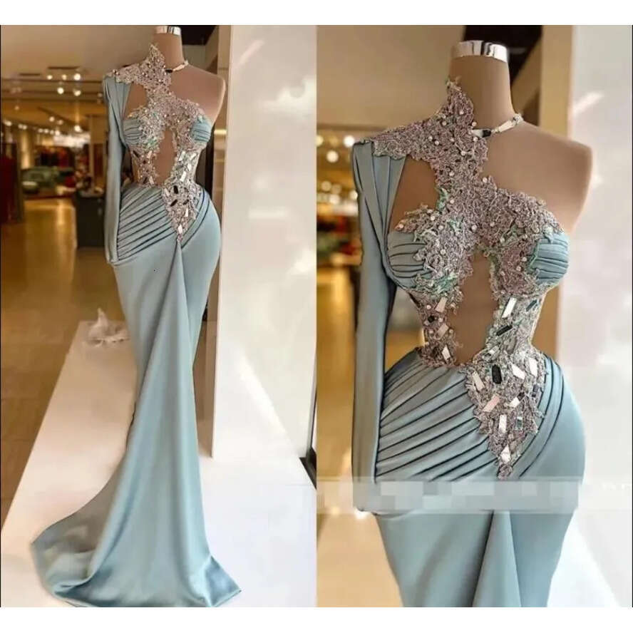 Long Unique One Shoulder Sleeve Evening Dresses For Women Lace Appliqued Rhies Pleated Mermaid Prom Gowns Hollow Out Sexy Formal Robe De Soiree 0604 m