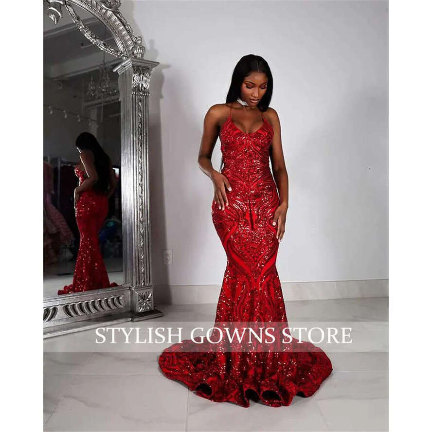 Halter Prom Red Long Dress For Black Girls Sparkly Sequined Birthday Party Dresses Mermaid Formal Gown Evening Gowns Robe De Bal 0627 es mal s