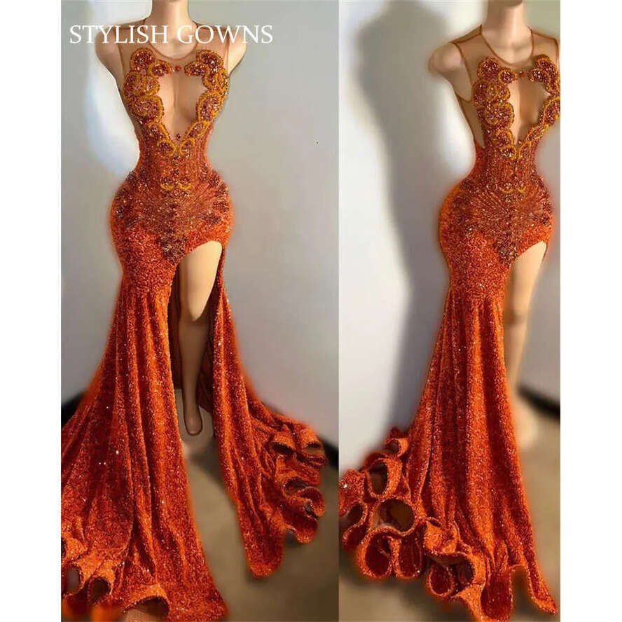O Neck Sheer Orange Long Prom Dress For Black Girls Beaded Crystal Birthday Party Dresses Sequined Evening Gowns Mermaid High 0627 es