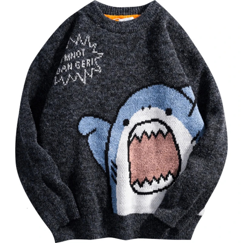 Shark Sweater Men Winter Cartoon Harajuku Korean Y2k Oversized Turtleneck Hip Hop Loose Knit Jumper Pullover High Collar 241016
