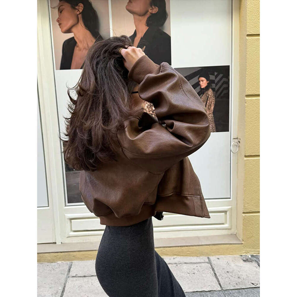 Vintage Imitation Leather Bomber Jacket Women O-Neck Zipper Pockets Loose Short Coat 2024 Autumn Lady High Street Outwear