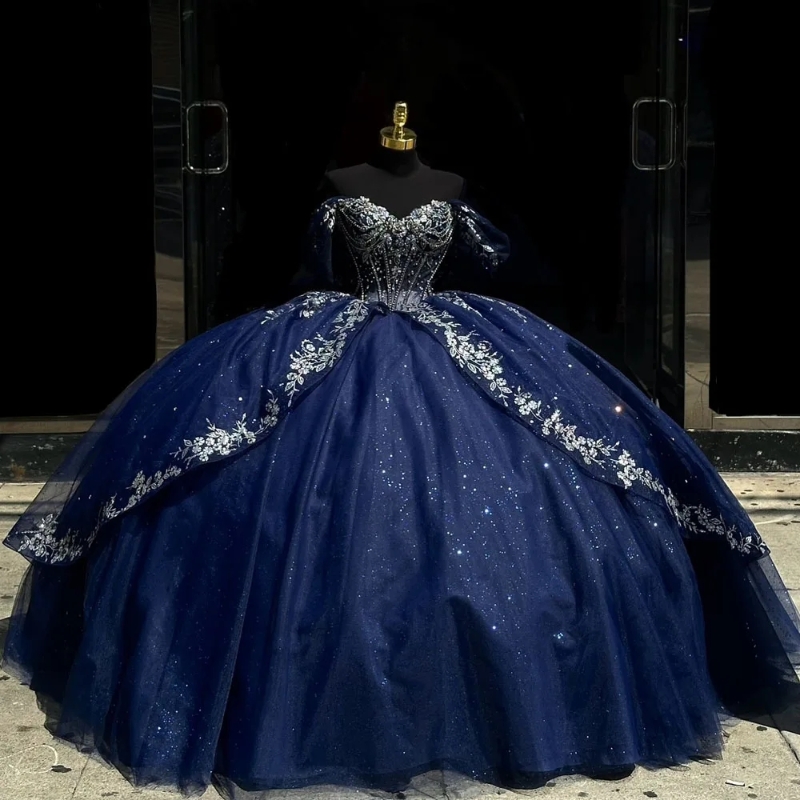 Sparkly Navy Blue Quinceanera Dresses Ball Gown Off the Shoulder Sier Lace Applique Beaded Tull Corset Sweet 16 Dress Vestidos De 15 Anos