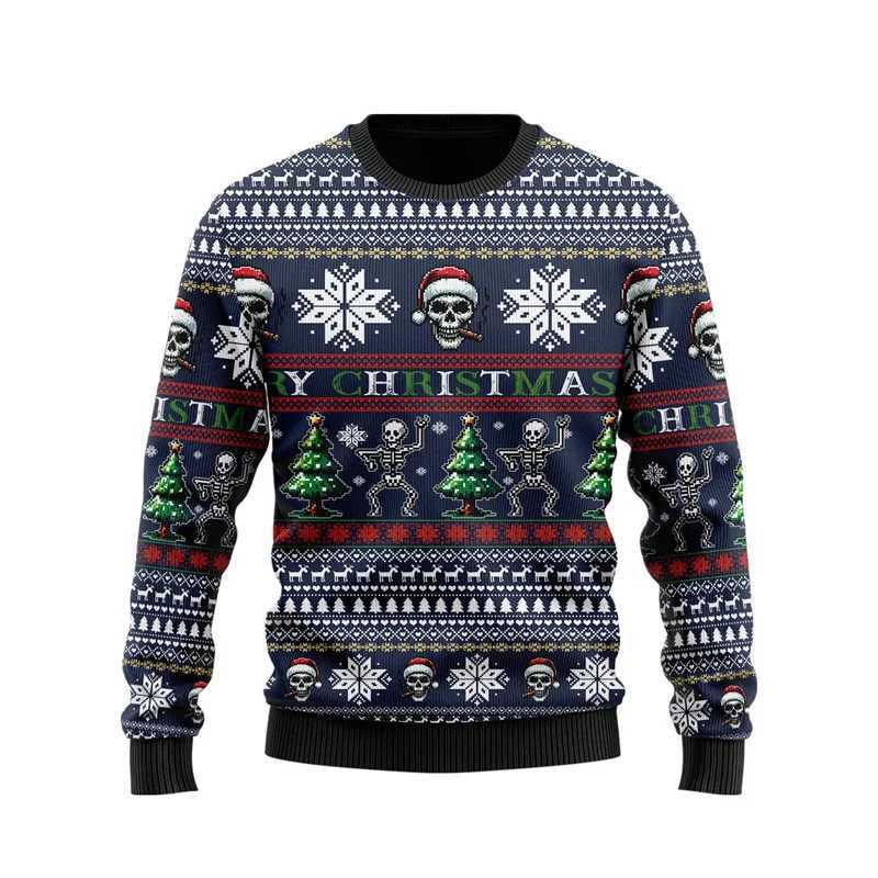 3D printed Merry Christmas mens sports shirt with interesting skull pattern hoodie casual Harajuku oversized top round neck zipper Y241016