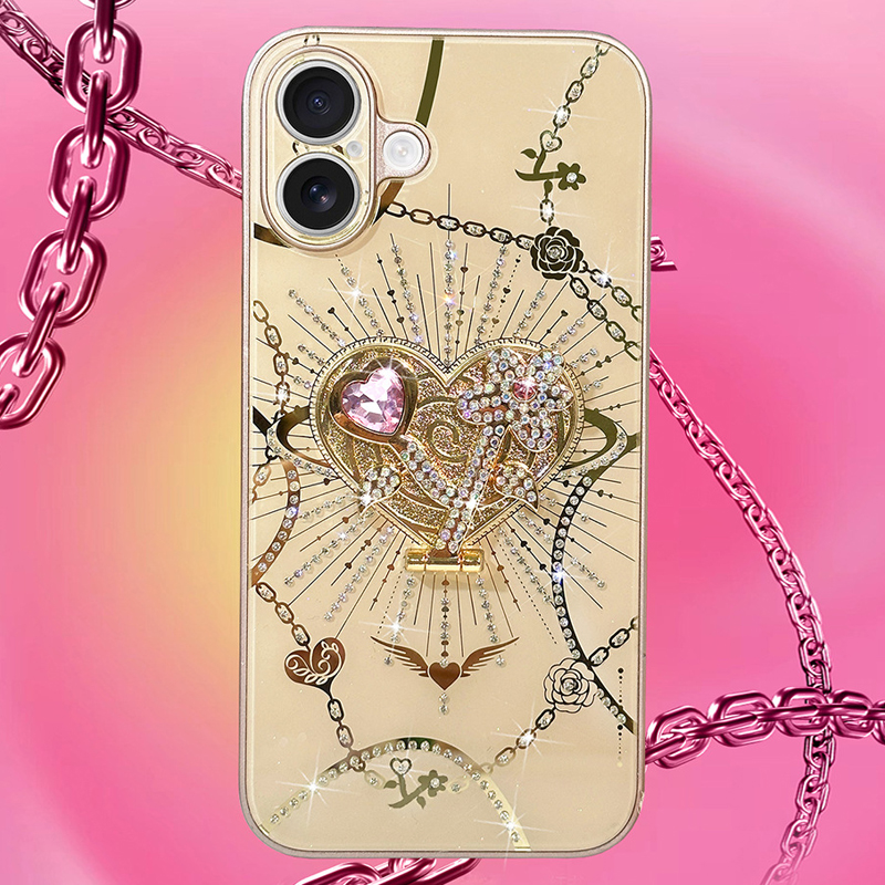Luxury Glitter Diamond Heart Love Cases With Stand Holder Shockproof Back Cover For iPhone 16 15 14 13 Pro Max Samsung S21 S22 S23 S24 Ultra Plus A16 