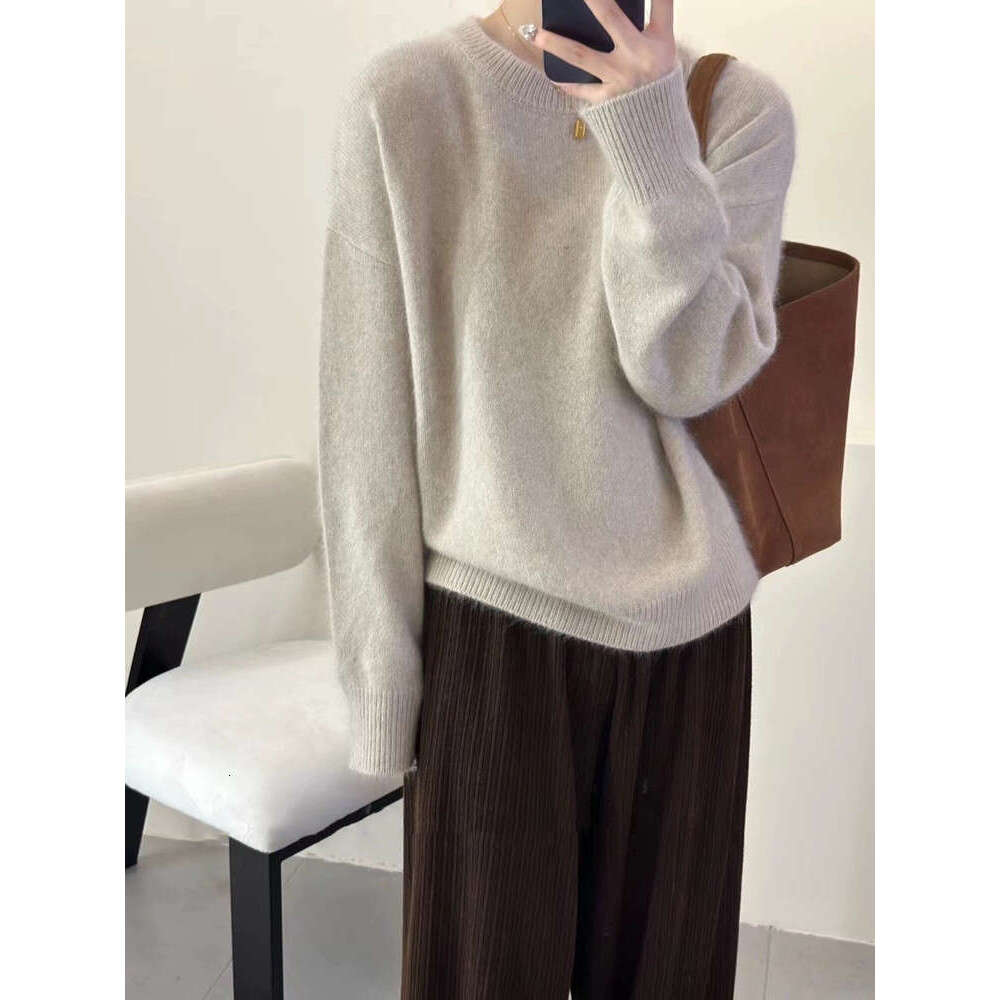2023 Korean Autumn/Winter Thicken Loose Cashmere Women's Round Neck Pullover 100% Pure Wool Knit Sweater Soft Top Female