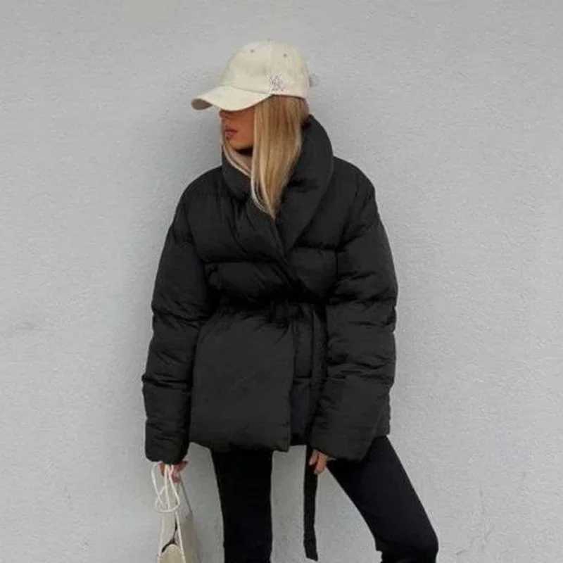 Womens winter jacket long sleeved pockets side office womens warm jacket black belt outerwear padded jacket womens parkas M241011