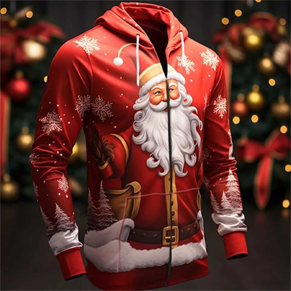 3D Christmas Day Mens Zipper Hoodie Fashion Santa Claus Mens Oversized Top Long Sleeve Sweatshirt Y241016