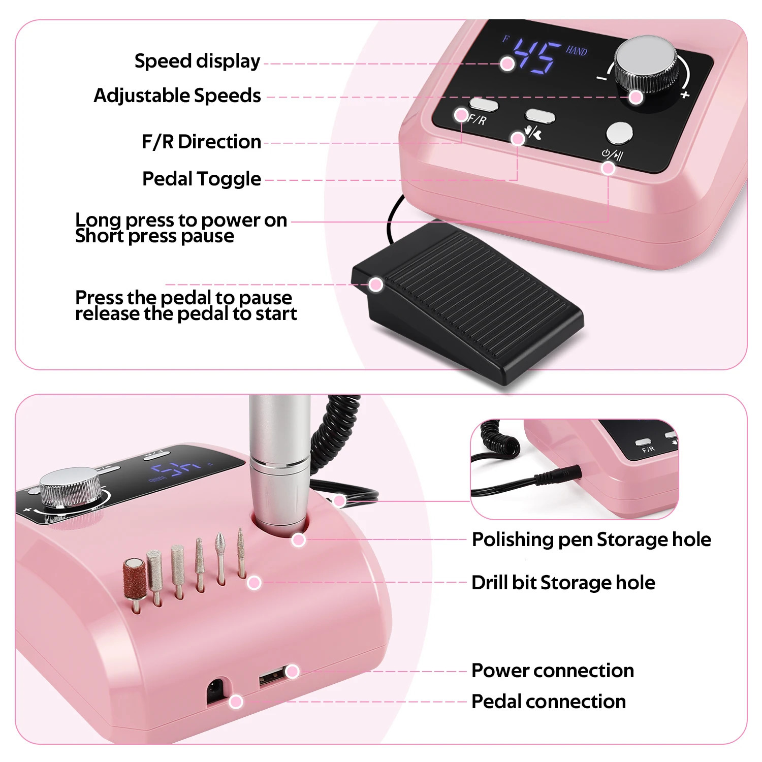 45000RPM low vibration professional nail milling machine with pause mode control device suitable for salon home use 241007