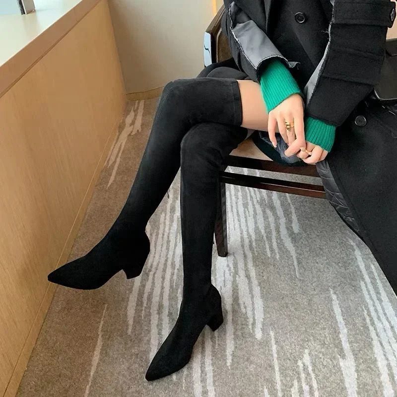 Over The Knee High Boots Women Pointed Toe High Heels Chelsea Snow Boots 2024 Trend Winter Suede Sexy Chunky Pumps Zapatos Mujer 241016