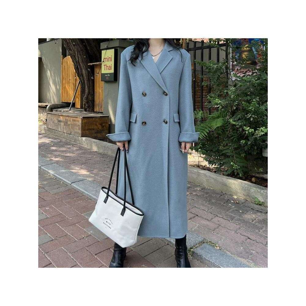 2022 Winter Double Breasted Long Handmade 100% Wool Coat Women Korean Style High End Suit Collar Loose Woolen Jacket Overcoat