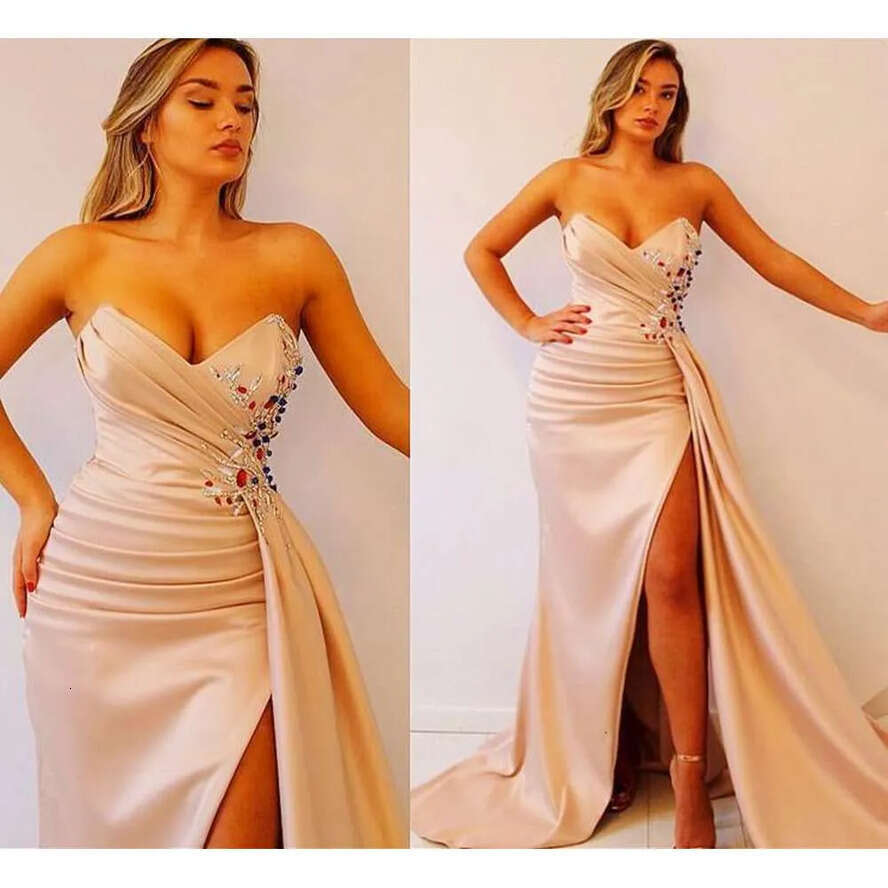Size Arabic Aso Plus Ebi Champagne Beaded Crystals Prom Dresses Sweetheart High Side Split Evening Formal Dress Party Wear 0530