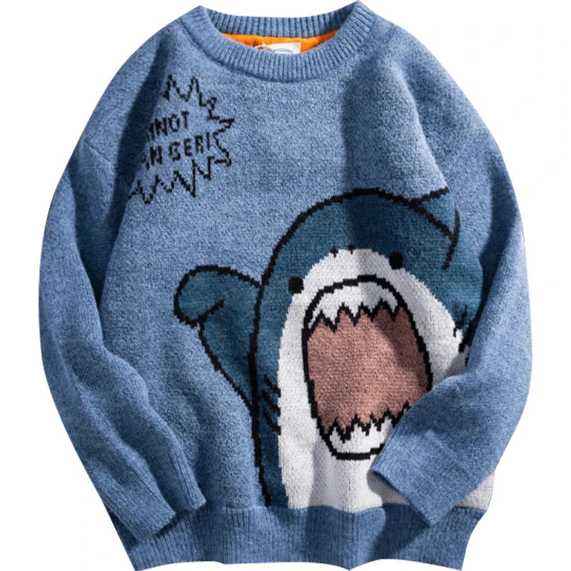 Shark Sweater Men Winter Cartoon Harajuku Korean Y2k Oversized Turtleneck Hip Hop Loose Knit Jumper Pullover High Collar 241016
