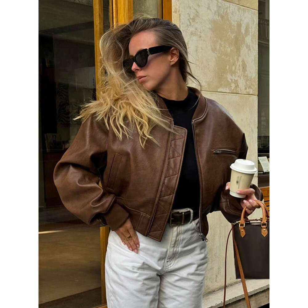 Vintage Imitation Leather Bomber Jacket Women O-Neck Zipper Pockets Loose Short Coat 2024 Autumn Lady High Street Outwear