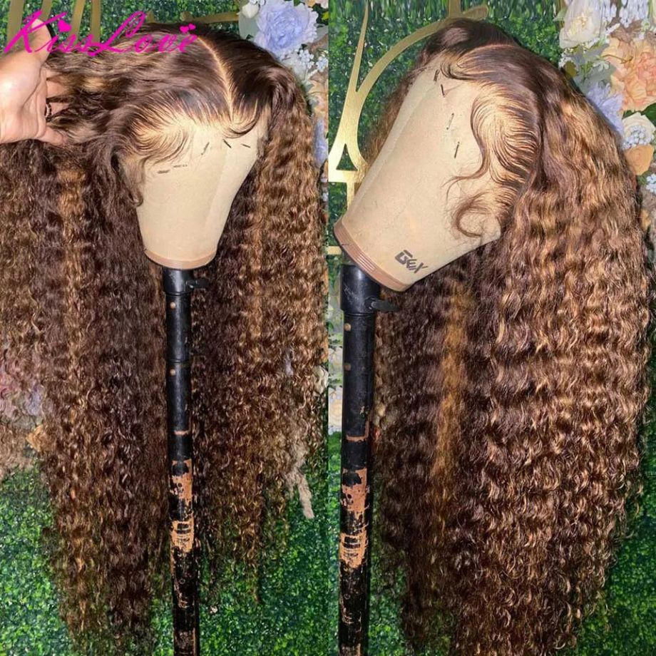 Brazilian Big Curly 13x4 Simualtion Human Hair Ombre Color Deep Curly Lace Front Wig Brown Blonde Deep Wave Lace Frontal Synthetic Wigs Ready to Wear 
