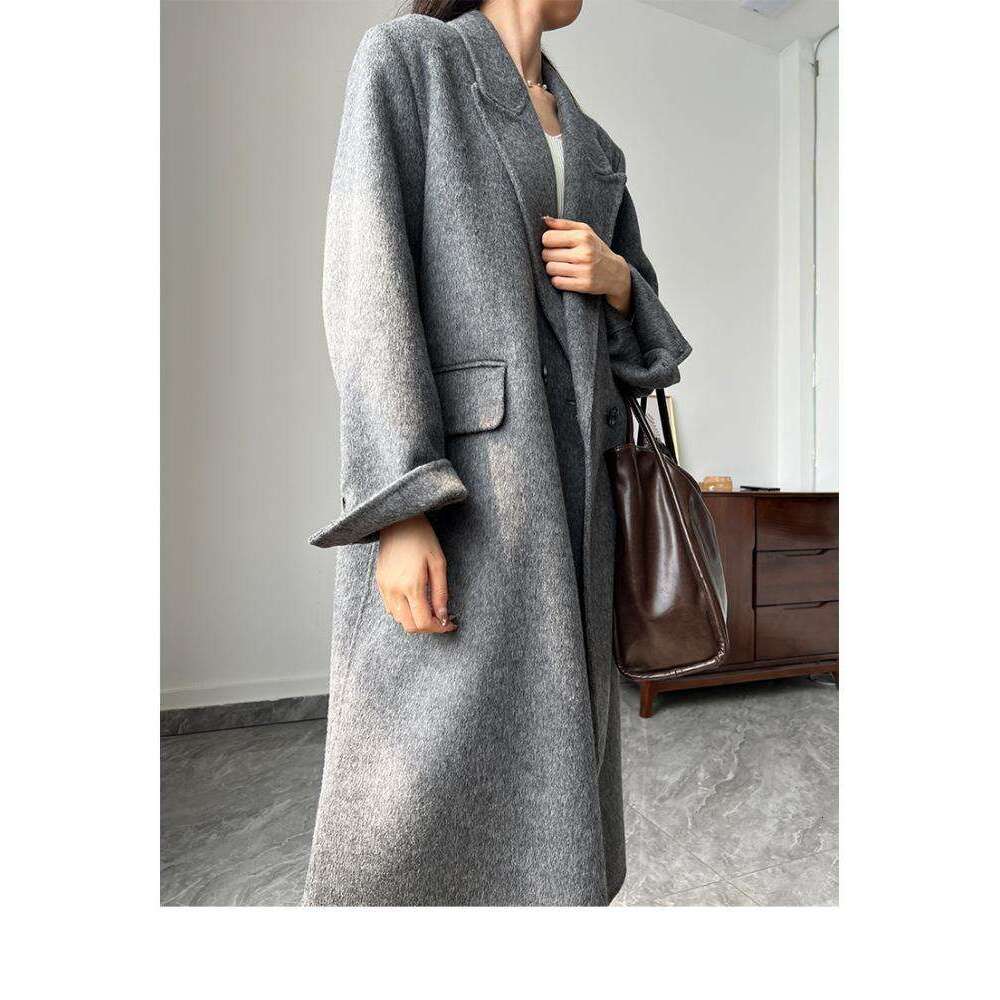 Office Lady Woolen Jackets 2024 Autumn And Winter Suit Collar Double Breasted Loose Long Women's 100% Wool Coats