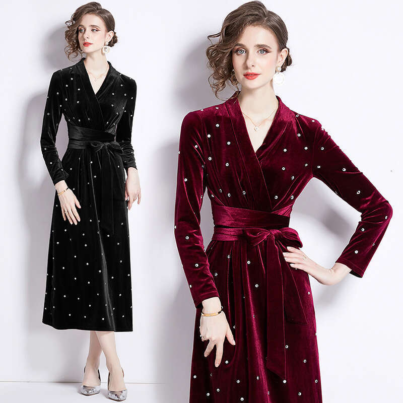 Elegant Temperament Light Hot Dia Veet Dresses Early Spring French Retro Style V-Neck Long Sleeve Dress