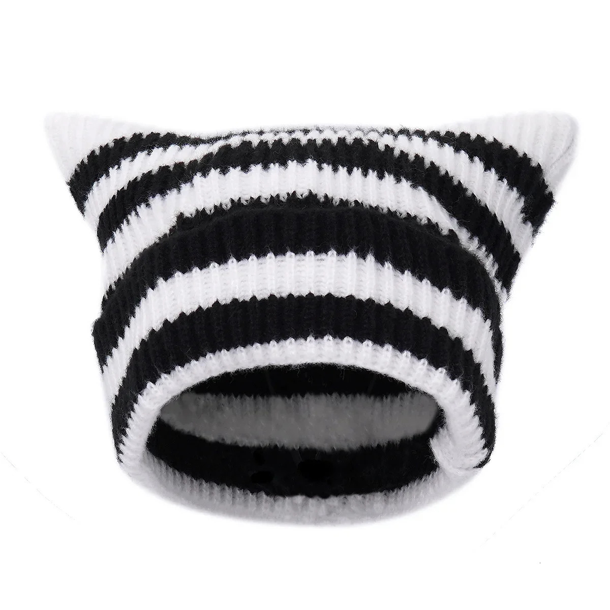 Japanese Y2K Cute Black White Striped Cat Ears Wool Hat Women Autumn Winter Warm Little Devil Hanging Ball Knitted Beanie Hat 241016