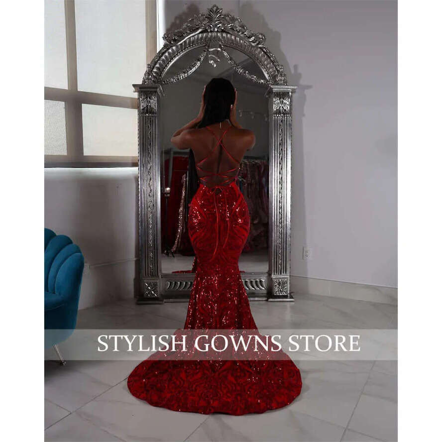 Halter Prom Red Long Dress For Black Girls Sparkly Sequined Birthday Party Dresses Mermaid Formal Gown Evening Gowns Robe De Bal 0627 es mal s