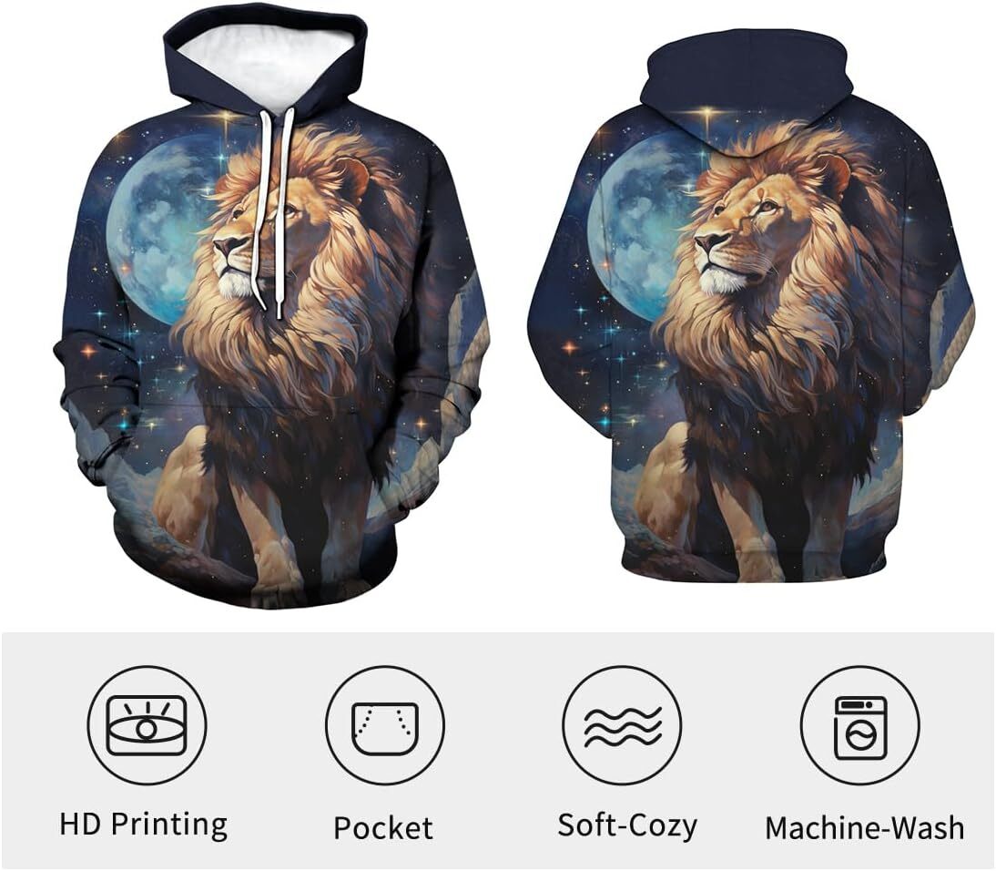 Hoodie for Mens Womens Unisex Psychedelic Lion Hoodie 3D Printed Novel Animal Pattern Long Sleeved Drawstring Pullover Hoodies Pocket Graphic Fashiona