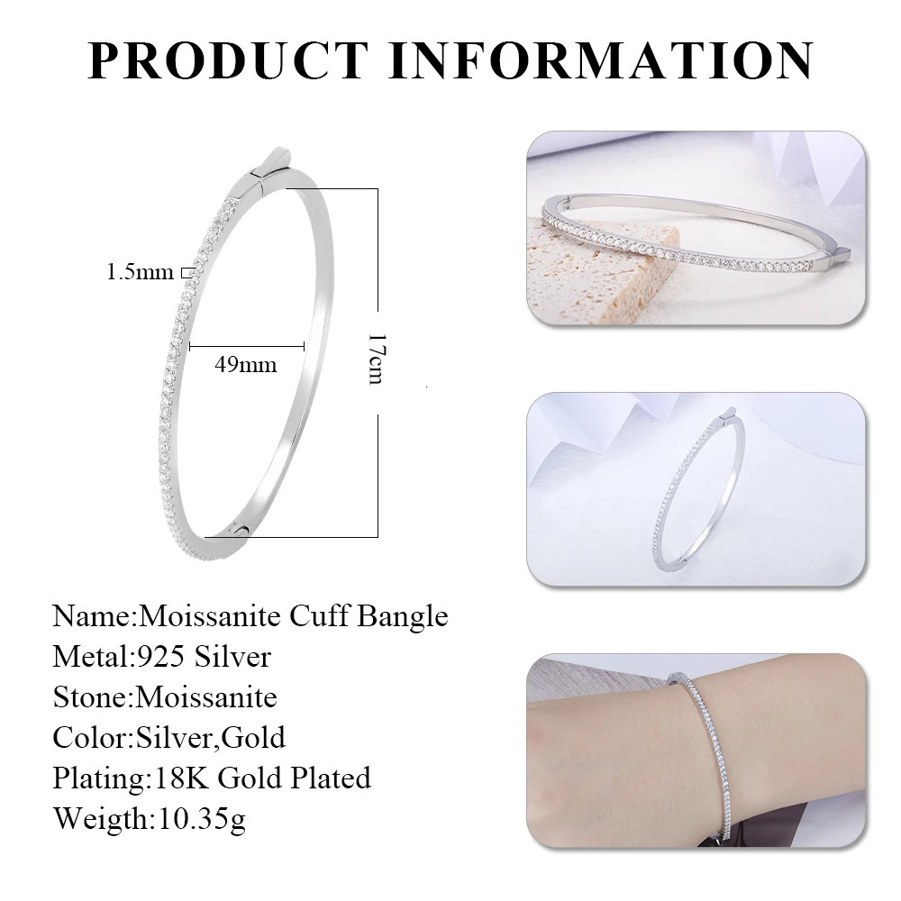 Poulisa Micro Pave S925 Closed Bracelet for Women 925 Silver Round Cut Mossan Moisa Cuff Bangle Jewels Gift Pulsera 240923
