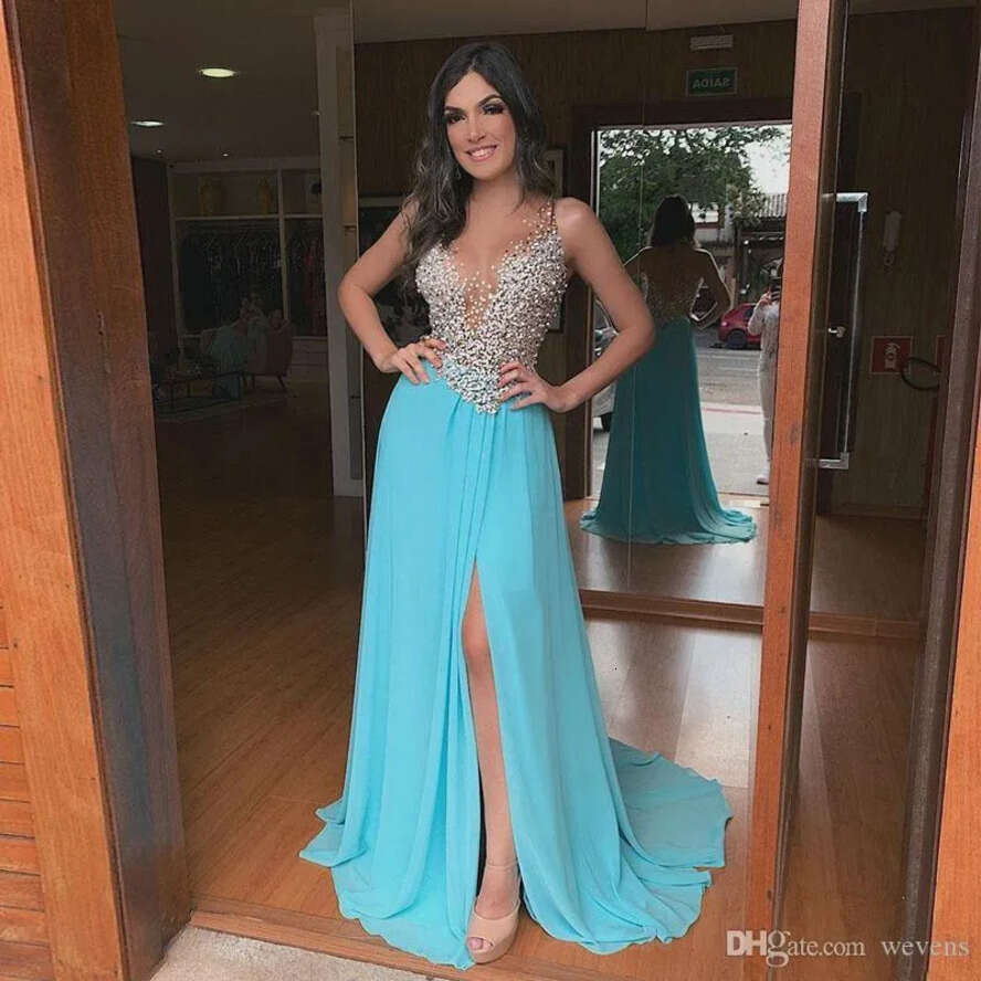 Sexy High Split Chiffon Prom Jewel Neck Beading Sequined Plus Size Party Gowns Sweep Train Abendkleider Evening Drs Robe De Marie