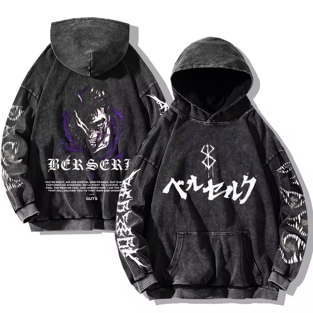 Mens Berserk Hoodies Gothic Print Vintage Washed Hoodie Hip Hop Streetwear Cotton Sweatshirts Harajuku Casual Hooded Pullover 241016