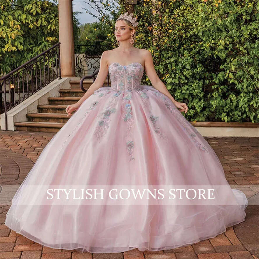 15 Years Sweetheart Pink Quinceanera Dress Appliques Ball Beaded Bow Girl Gradustion Dresses Sweet 16 Party Gown Vestidos 0627 es