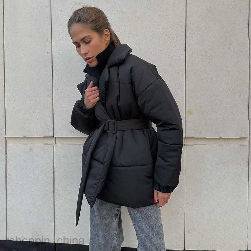 Women's Down cotton Jackets woman Parkas Collar cotton jacket 2024 winter new item thickened slimming waist cinched cotton jacket solid color bel
