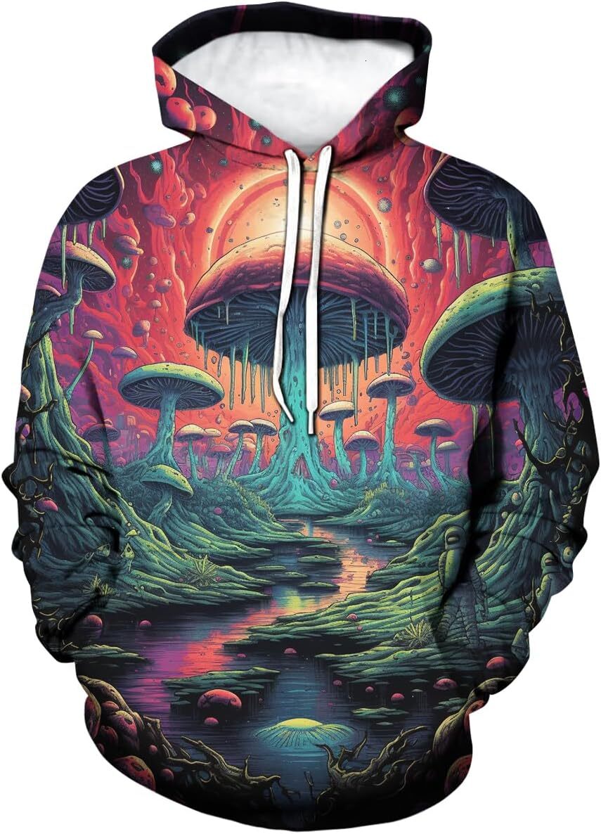 Hoodie for Mens Womens Unisex Novelty Tie Dye Pattern Hoodie 3D Funny Mushroom Cartoon Pattern Long Sleeve Drawstring Sweatshirt Hoodies Graphic cool