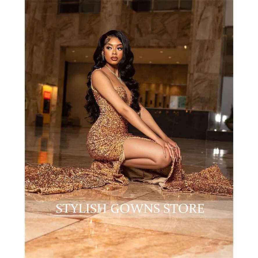 Neck Champagne Sheer O Long Prom Dress For Black Girls 2024 Sparkly Birthday Party Dresses High Slit Evening Gowns Mermaid Robe 0627 es