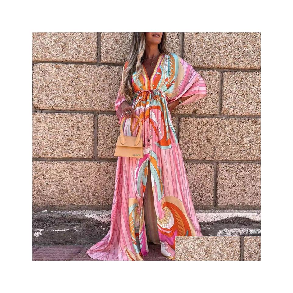 Basic Casual 2023 Springsummer New Y Vneck Lace Up Single Breasted Beach Dress For Women 230724 Drop Delivery Apparel WomenS Cloth Otf9M