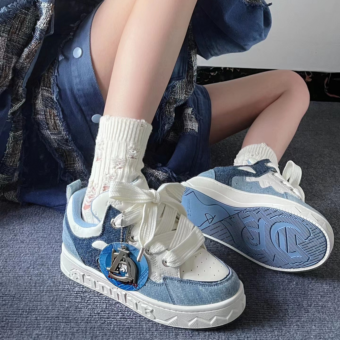 2024 Spring New Thick-soled All-match Casual Sneakers Female National Trend Niche Denim Blue Couple Bread Shoes Male