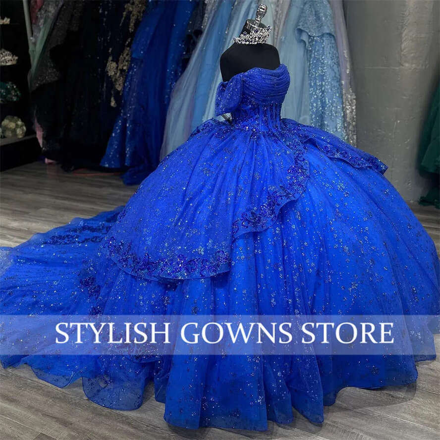 Blue Mexico Off Royal The Shoulder Gown Quinceanera Dress For Girls Ball Sequined Birthday Party Gowns Tiered Robe De Bal 0627 s