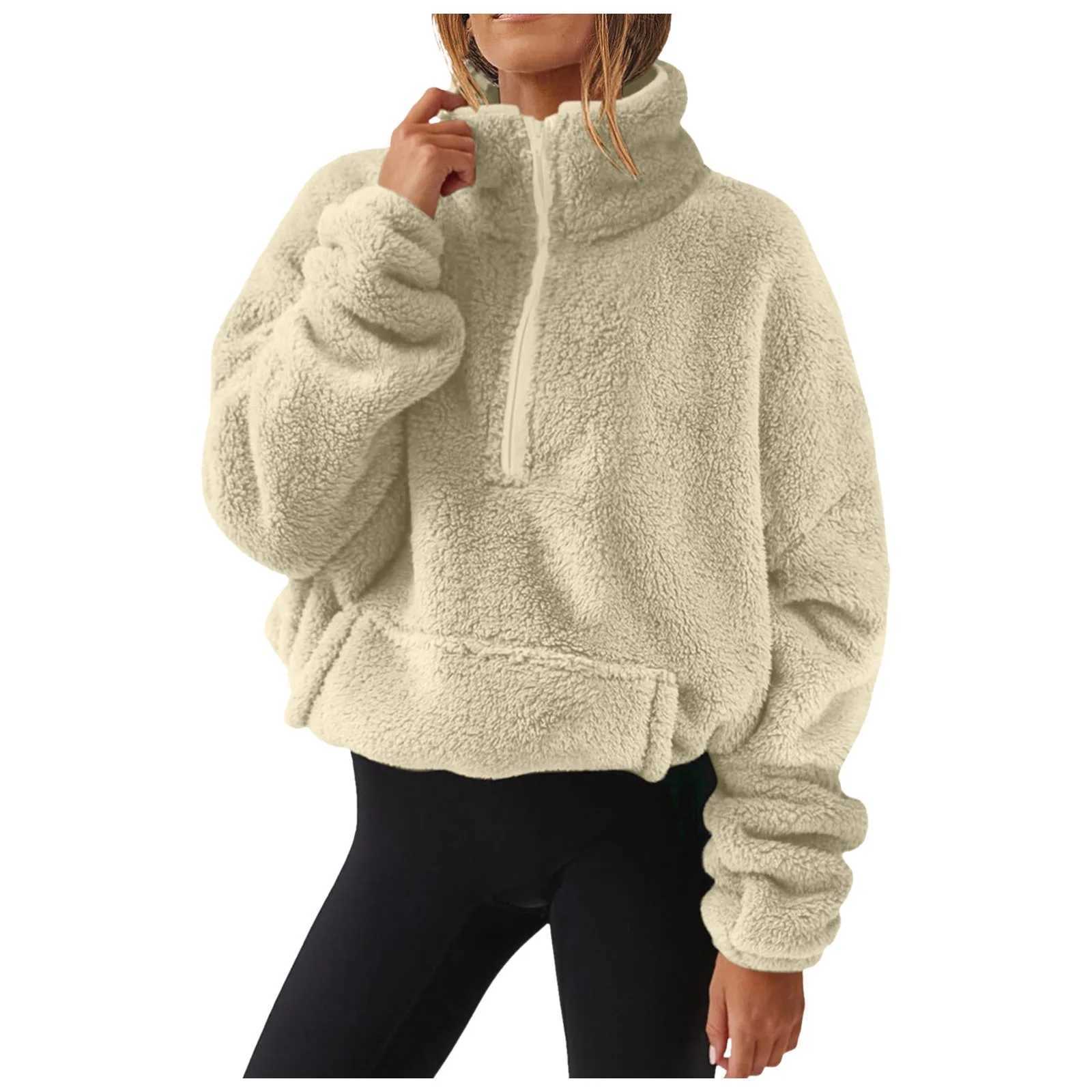 Fuzzy Quarter Zip Sweatshirt For Women Trendy Casual Solid Color Pullover Fleece Sweatshirts Long Sleeve Winter Warm SweaterX241016