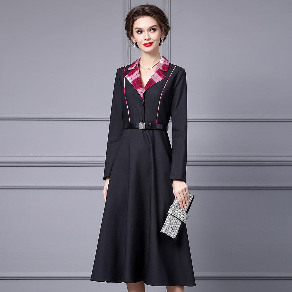 OC 122M43 Women's Work Dresses Top Handmade Production Autumn/Winter Dress Long Sleeved Contrasting Splicing Check