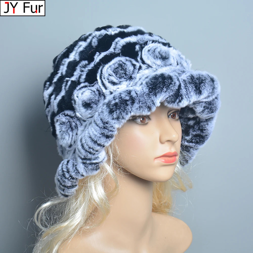 Female Natural Knitted Real Rex Rabbit Fur Cap Winter Warm Genuine Fur Beanies Hats Russian Women Floral Striped Real Fur Caps 241009