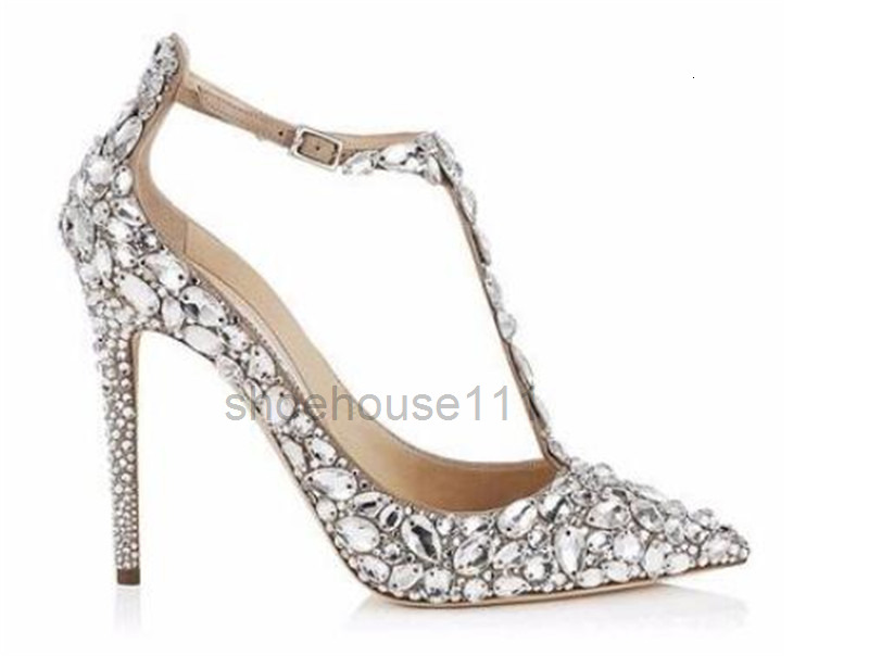Dress Shoes New Fashion Women Pointed Toe Black Nude Rhinestone Pumps Ankle Strap Crystals Beads High Heels Wedding Shoes Dress Shoes