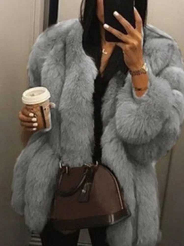 2024 Autumn Winter Female Korean Fashion Long Faux Fur Jacket Women Coats Loose Casual Warm Long Sleeve Outerwears OvercoatX4