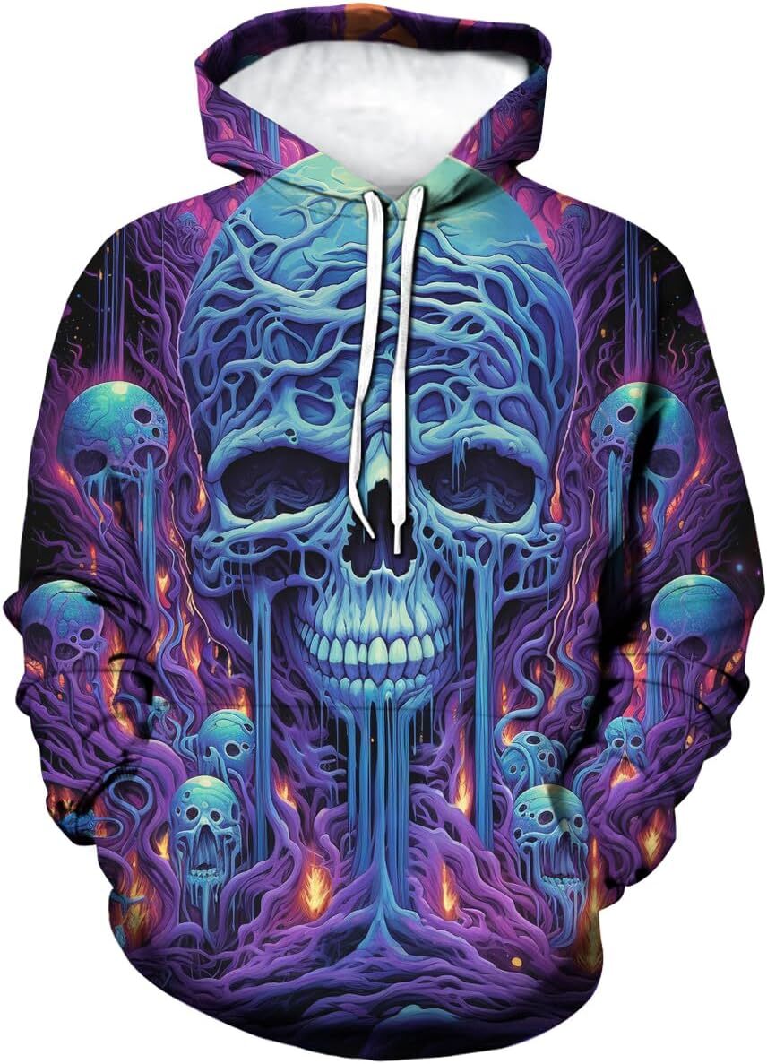 Hoodie for Mens Womens Unisex Psychedelic Skull Hoodie 3D Art Pattern Fantasy Cartoon cool Pullover Hoodies Graphic Hoodies sweatshirt Pullover Long S