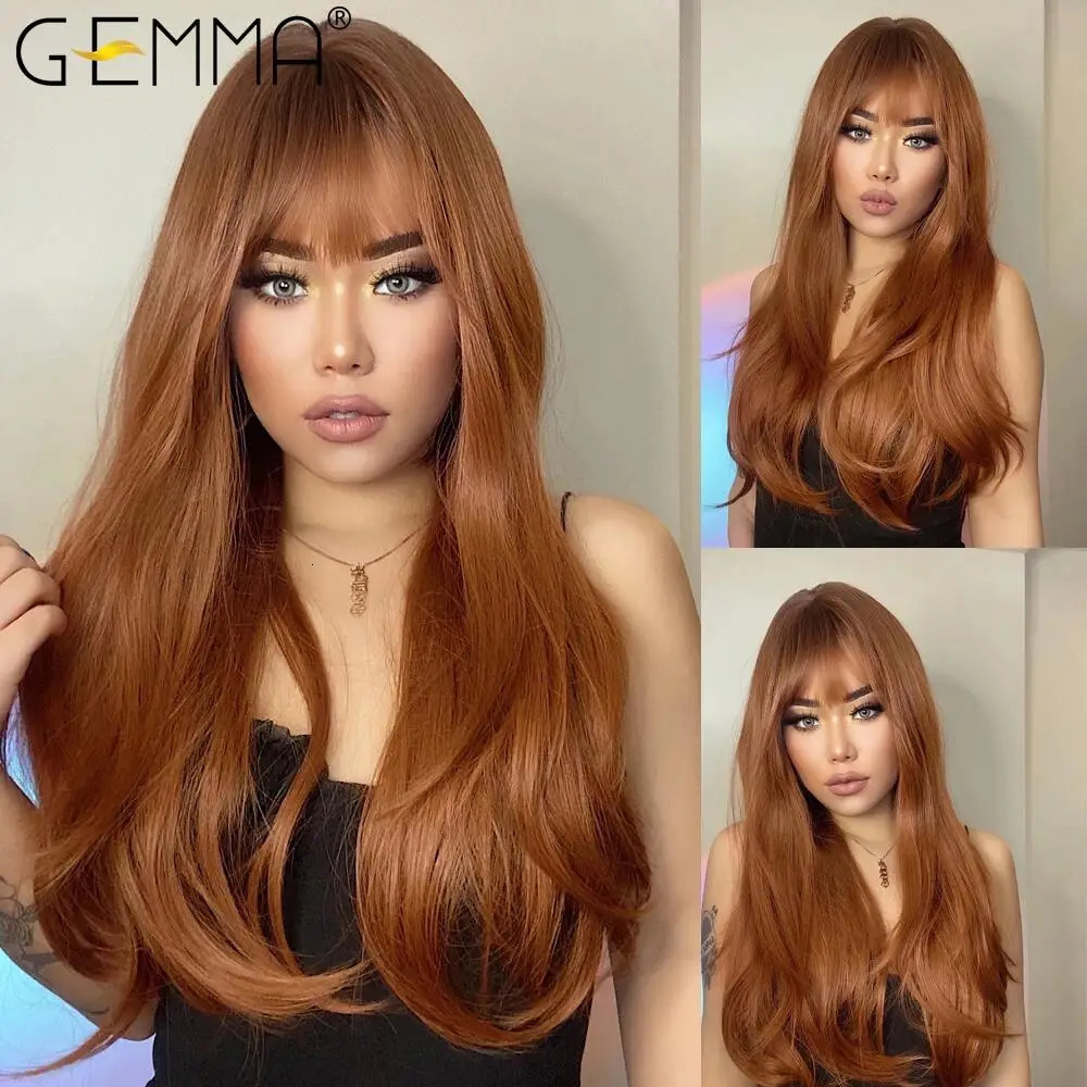 GEMMA Ombre brown long straight synthetic wig with bangs female role-playing wig high-temperature natural hair 241010