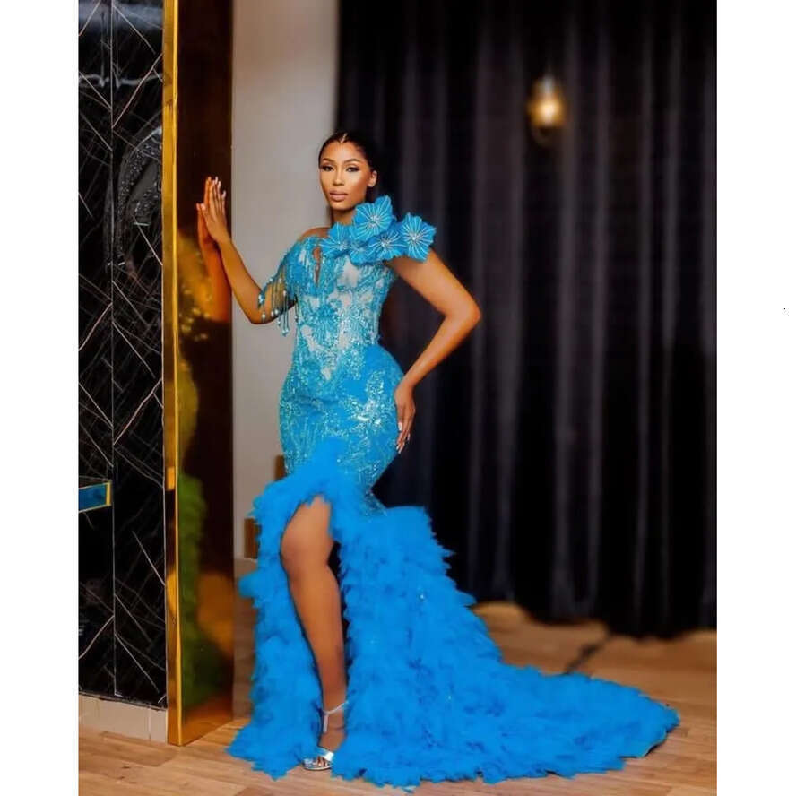 Aso Ebi Blue August Mermaid Prom Dress Beaded Lace Crystals Evening Formal Party Second Reception Birthday Engagement Gowns Dresses Robe De Soiree Zj7