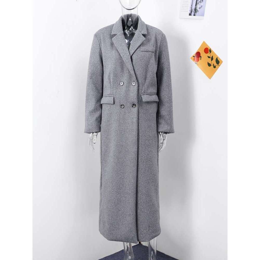Loose Grey Long Woolen Coat Women Lapel Double Breasted Full Sleeve Overcoats 2024 Autumn Winter Elegant Fashion Lady Outerwears