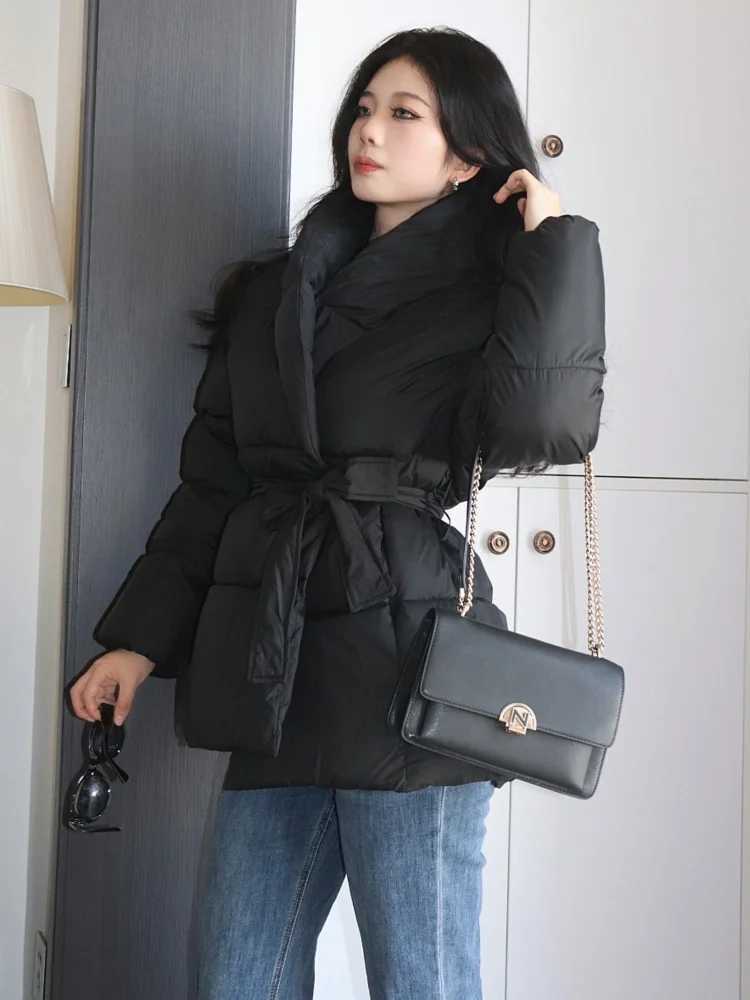 Womens winter jacket long sleeved pockets side office womens warm jacket black belt outerwear padded jacket womens parkas M241011