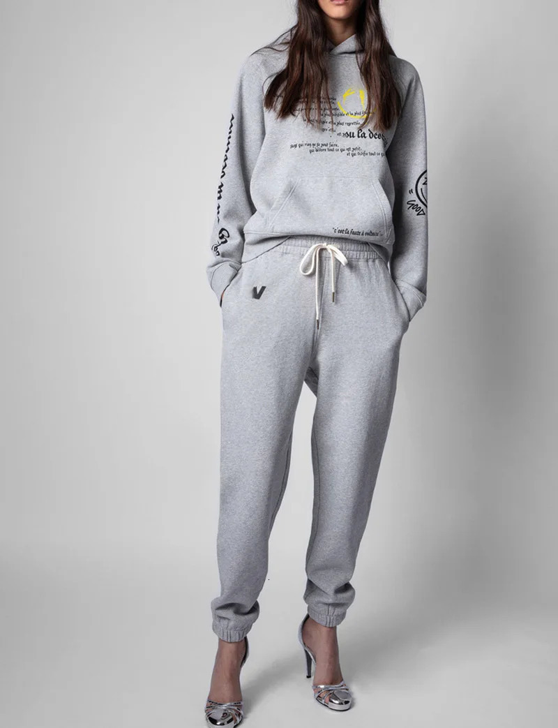 Womens Two Piece Sports Suit Long Sleeve Letter Printed Happy Face Pocket Sweatshirt Drawstring Sweat Pant Tracksuit 241011