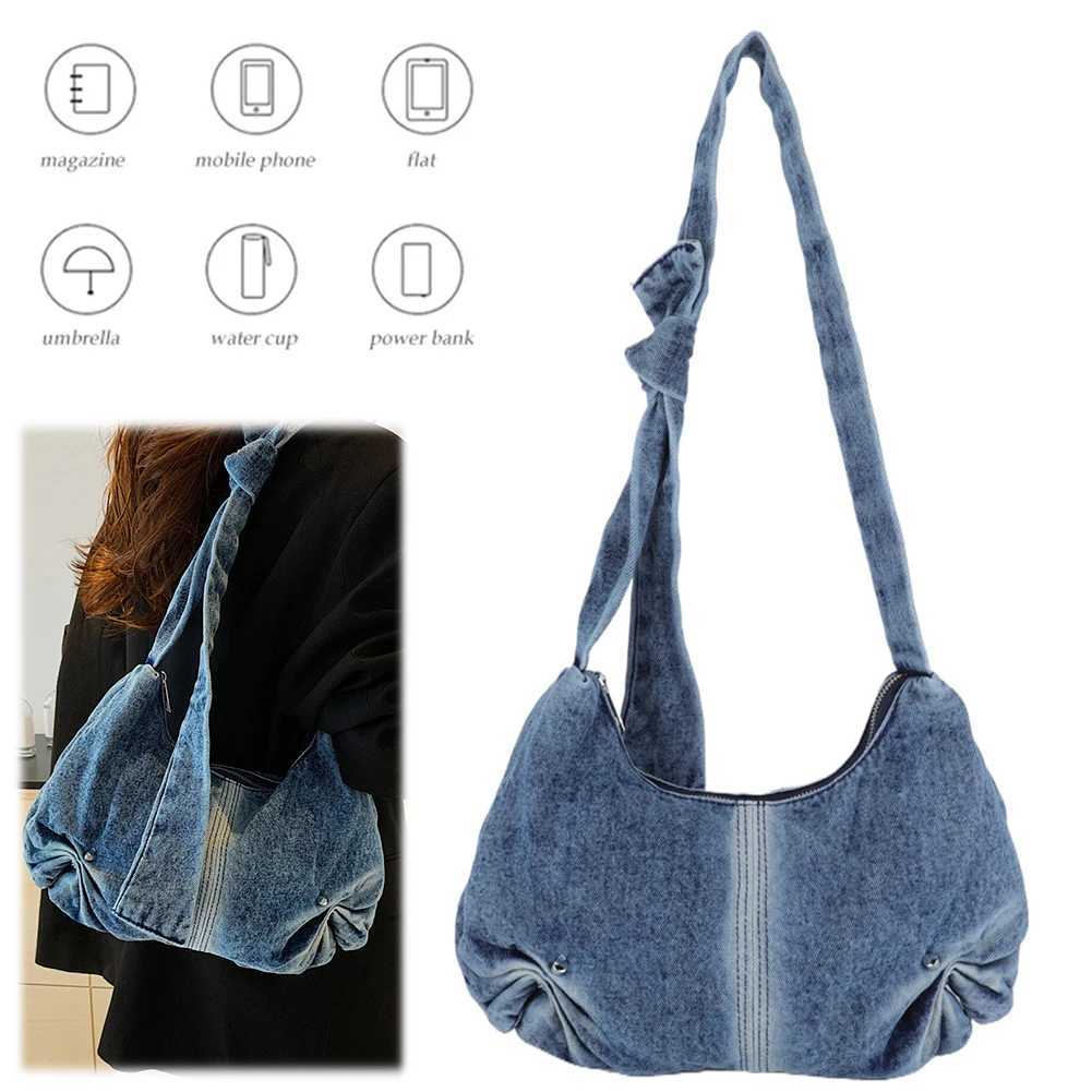 Denim Pleated Shoulder Bag Ladies Large Capacity Crescent Knotted Strap Handbag Zipper Hobo for Commuting Travel 241016