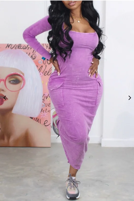 Women Dresses Full Length Square Collar Sheath Sexy Wrap Buttocks Dress Vestidos Slim Fit Solid Color Pockets Slight