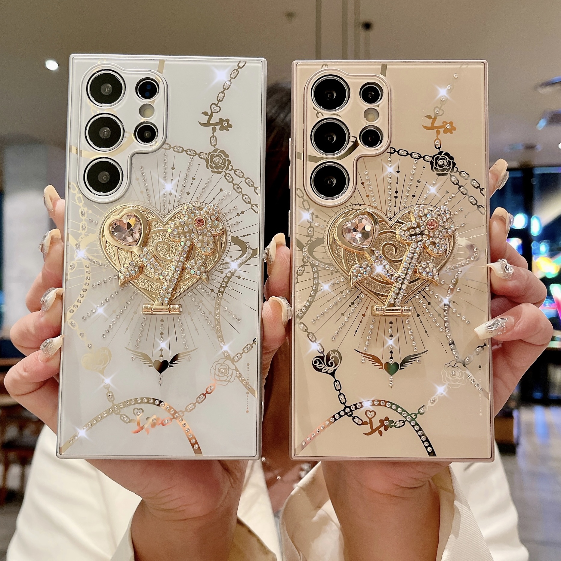 Luxury Glitter Diamond Heart Love Cases With Stand Holder Shockproof Back Cover For iPhone 16 15 14 13 Pro Max Samsung S21 S22 S23 S24 Ultra Plus A16 