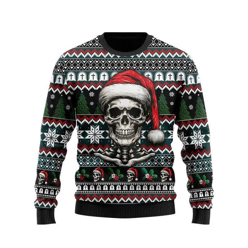 3D printed Merry Christmas mens sports shirt with interesting skull pattern hoodie casual Harajuku oversized top round neck zipper Y241016